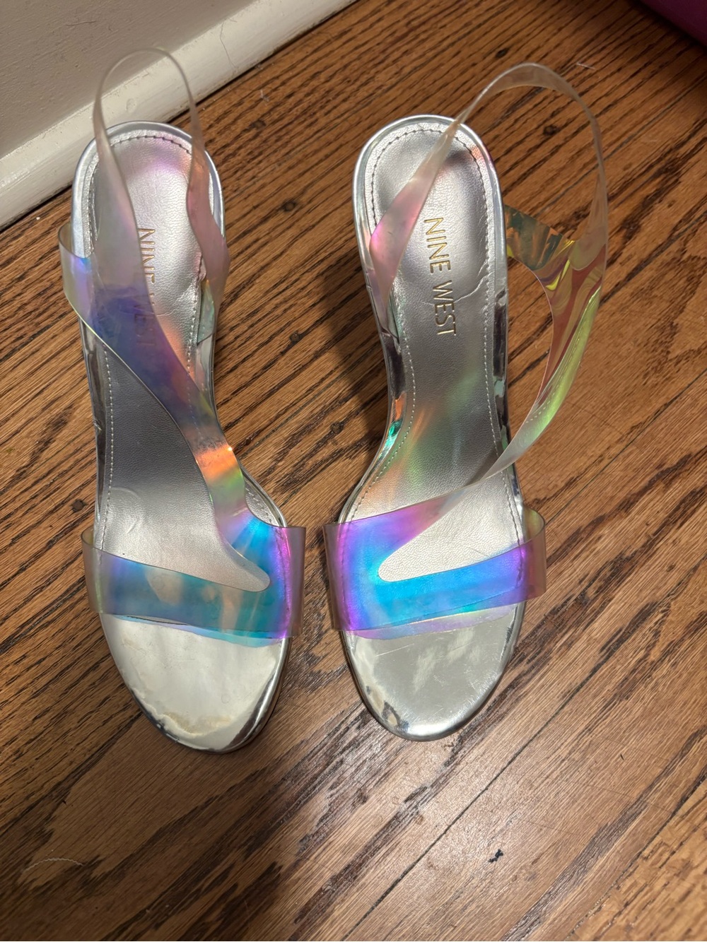 Nine West Iridescent Clear Strap Silver Sandals